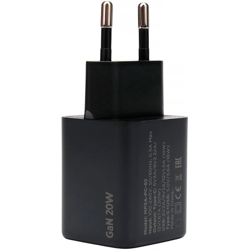 Фото  Cablexpert зарядное устройство 20Вт GaN, 3А, QC4.0/PD, 1xUSB, 1xType-C, черный, пакет (MP3A-PC-62)