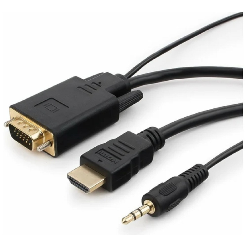 Фото  Кабель HDMI->VGA Cablexpert A-HDMI-VGA-03-10M, 19M/15M + 3.5Jack, медь, позол.разъемы, 10м, черный, пакет