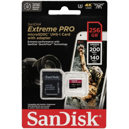 Фото  Micro SecureDigital 256GB Sandisk Extreme Pro microSDXC  + SD Adapter + Rescue Pro Deluxe 200MB/s [SDSQXCD-256G-GN6MA]