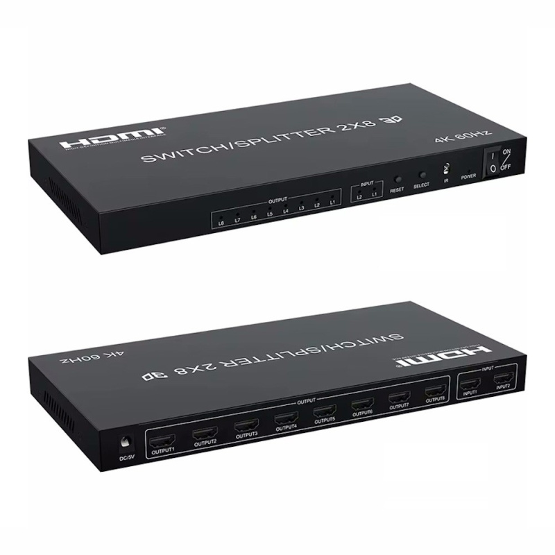 Фото  ORIENT HSP0208H-2.0, HDMI переключатель/разветвитель 2->8, UHD 4K/60Гц (3840x2160), HDR, HDMI 2.0, HDCP 2.2, пульт ДУ, внешний БП 5В/2A, метал.корпус 