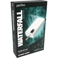 Фото  Perfeo Powerbank WATERFALL 30000 mAh/LED дисплей/PD + QC 3.0/Type-C/2 USB/Выход: 5A, max 22.5W/White (PF_D0176)