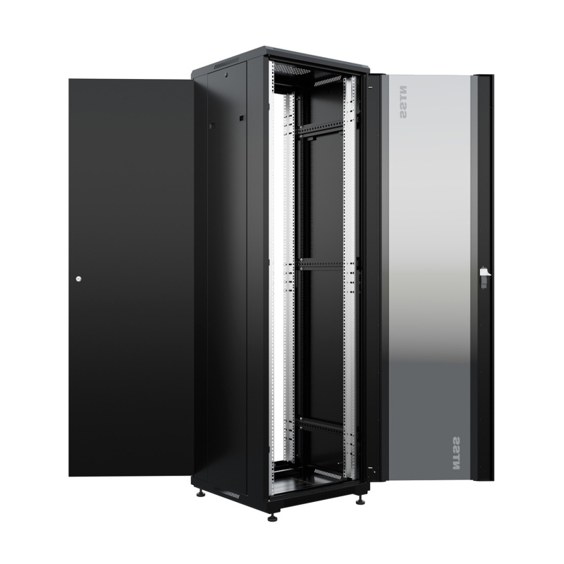 Фото  NTSS Шкаф напольный универсальный серверный NTSS R 18U 600х600мм, 4 профиля 19, двери стекло и сплошная металл, боковые стенки съемные, регулируемые о