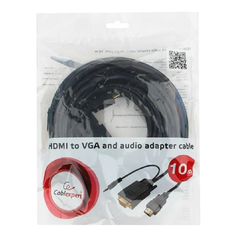 Фото  Кабель HDMI->VGA Cablexpert A-HDMI-VGA-03-10M, 19M/15M + 3.5Jack, медь, позол.разъемы, 10м, черный, пакет