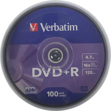 Фото  Verbatim  Диски DVD+R  4.7Gb 16-х, 100шт, Cake Box (43551)