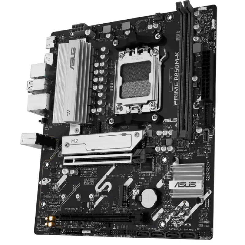 Фото  ASUS PRIME B850M-K (Socket AM5, mATX, 2xDDR5(128GB), DP/HDMI, 1xPCIe 5.0x16/1xPCIe 4.0x16, 1xLAN (2.5GbE), 4xSATA 6Gb/s, 2xM.2, 1xType-C, 4xUSB 3.2, 4