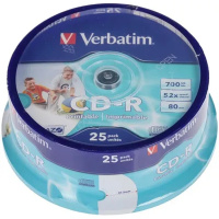 Фото  Verbatim  Диски CD-R 25 шт.   Printable InkJet, 52-x 700Mb, Cake Box (43439)