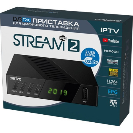 Фото  Perfeo DVB-T2/C приставка "STREAM-2" для  цифр.TV, Wi-Fi, IPTV, HDMI, 2 USB, DolbyDigital, пульт ДУ [PF_A4488 ]