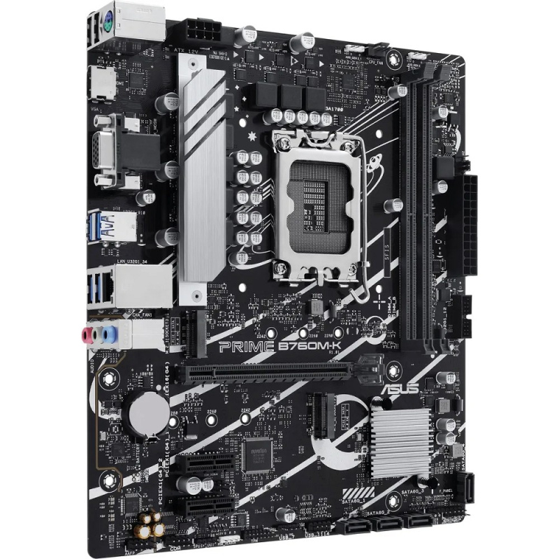 Фото  ASUS PRIME B760M-K (Socket 1700, mATX, 2xDDR5(96GB), VGA/HDMI 2.1, 1xPCIe 4.0x16/2xPCIe 4.0, 1xLAN (2.5GbE), 4xSATA 6Gb/s, 2xM.2, 4xUSB 3.2, 2xUSB 2.0