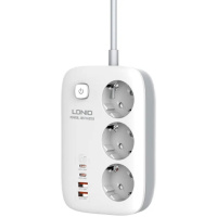 LDNIO SE3436/ Сетевой удлинитель 2м/ 3 розетки/ 3250W/ 4 USB: QC 4.0+PD 3.0+PPS/ GAN 65W/ White