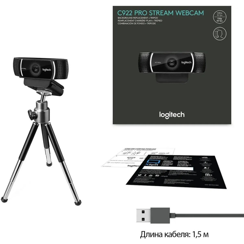 Фото  960-001088/960-001089 Logitech WebCam C922 Pro Stream  {USB 2.0, 1920*1080, 2Mpix foto, Mic, Black}