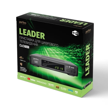 Фото  Perfeo DVB-T2/C приставка "LEADER" для цифр.TV, Wi-Fi, IPTV, HDMI, 2 USB, DolbyDigital, пульт ДУ [PF_A4412]