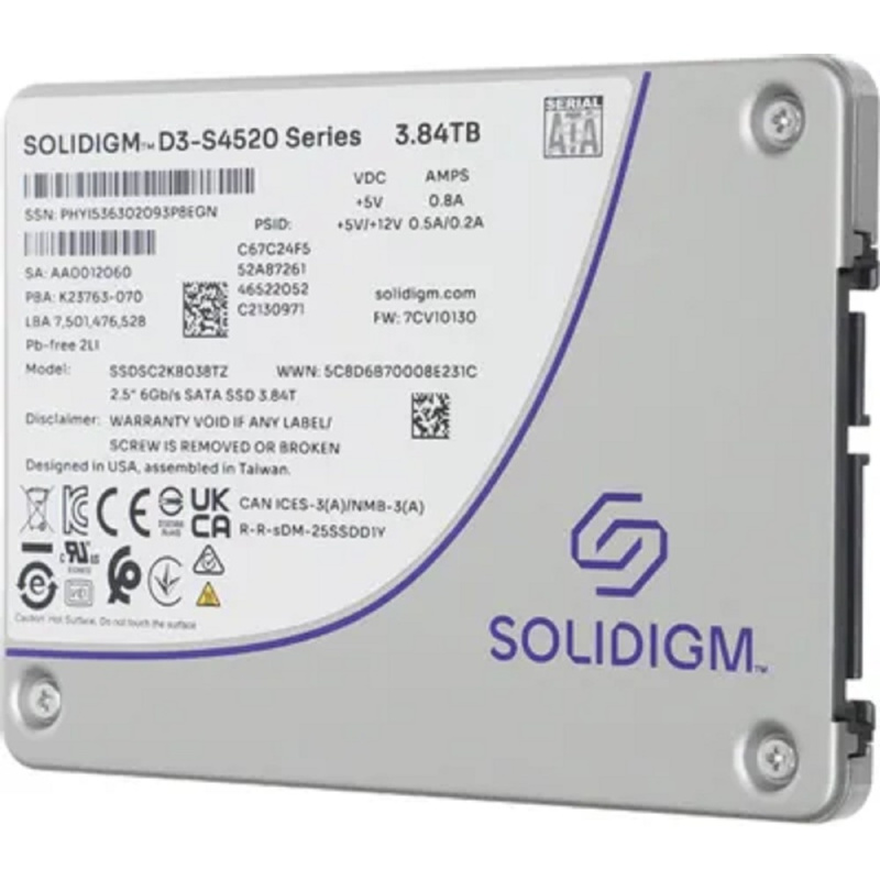 Фото  Накопитель Solidigm SSD D3-S4520 Series, 3840GB, 2.5" 7mm, SATA3, TLC, R/W 550/510MB/s, IOPs 92 000/31 000, TBW 15300, DWPD 2 (12 мес.)