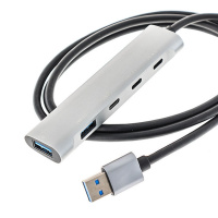Фото  ORIENT CU-422A, разветвитель USB 3.2 Gen1 (5 Гбит/c), порты: 2xUSB-A + 1xUSB-C, 1 порт USB 2.0 USB-C, порт для доп.питания USB-C, алюм.корпус, кабель 
