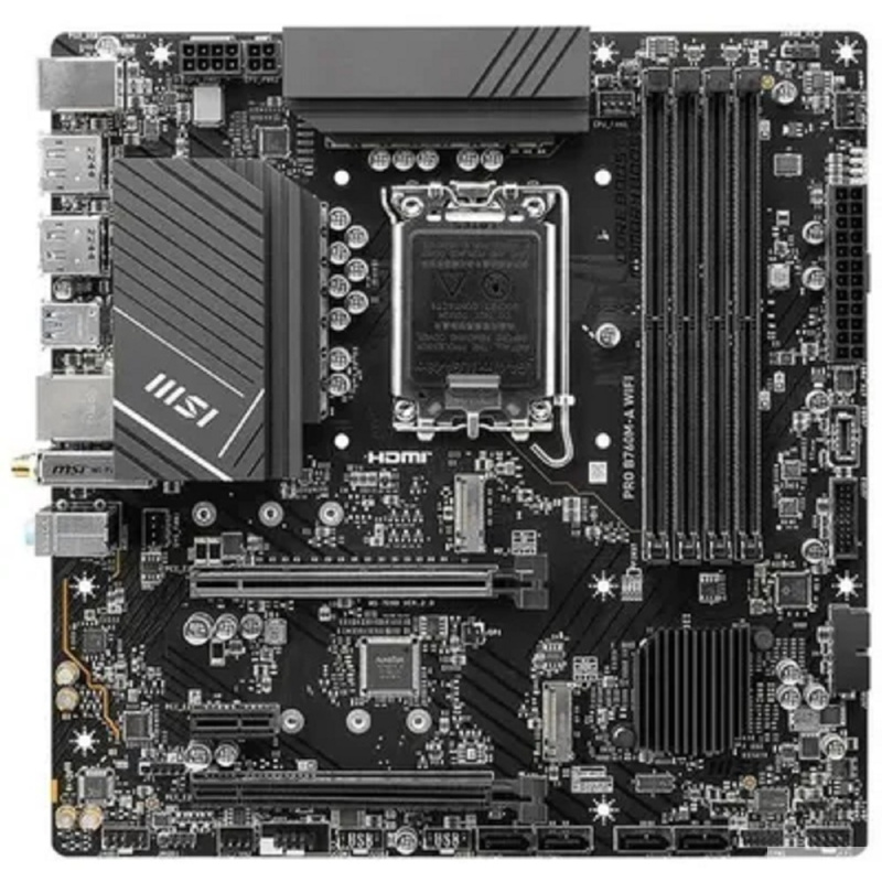 Фото  MSI PRO B760M-A WIFI {Soc-1700, Intel B760, 4xDDR5, mATX AC`97 8ch(7.1) 2.5Gg+HDMI+DP}