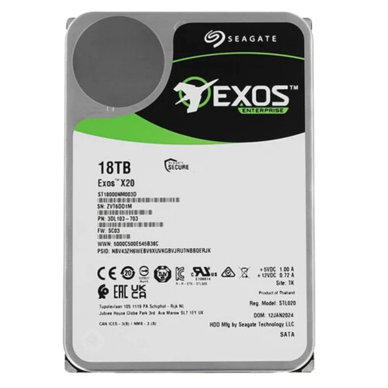 Фото  18TB Seagate Exos X20 (ST18000NM003D) {SATA 6Gb/s, 7200 rpm, 256mb buffer, 3.5"}