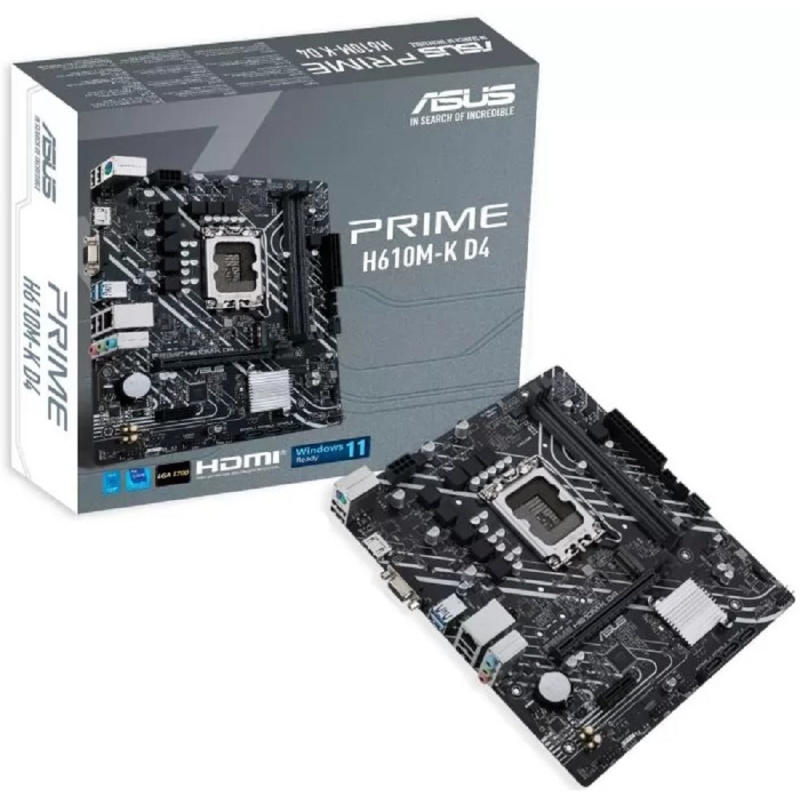 Фото  ASUS PRIME H610M-K D4 (Socket 1700, mATX, 2xDDR4(64GB), VGA/HDMI 2.1, 1xPCIe 4.0x16/1xPCIe 3.0/1xLAN, 4xSATA 6Gb/s, 1xM.2, 2xUSB 3.2, 4xUSB 2.0, 1xPS/