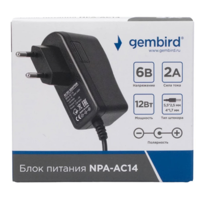 Фото  Gembird Блок питания узкий 6В/2А, 12Вт, 2 штекера 5,5х2,5+4x1,7мм (NPA-AC14)