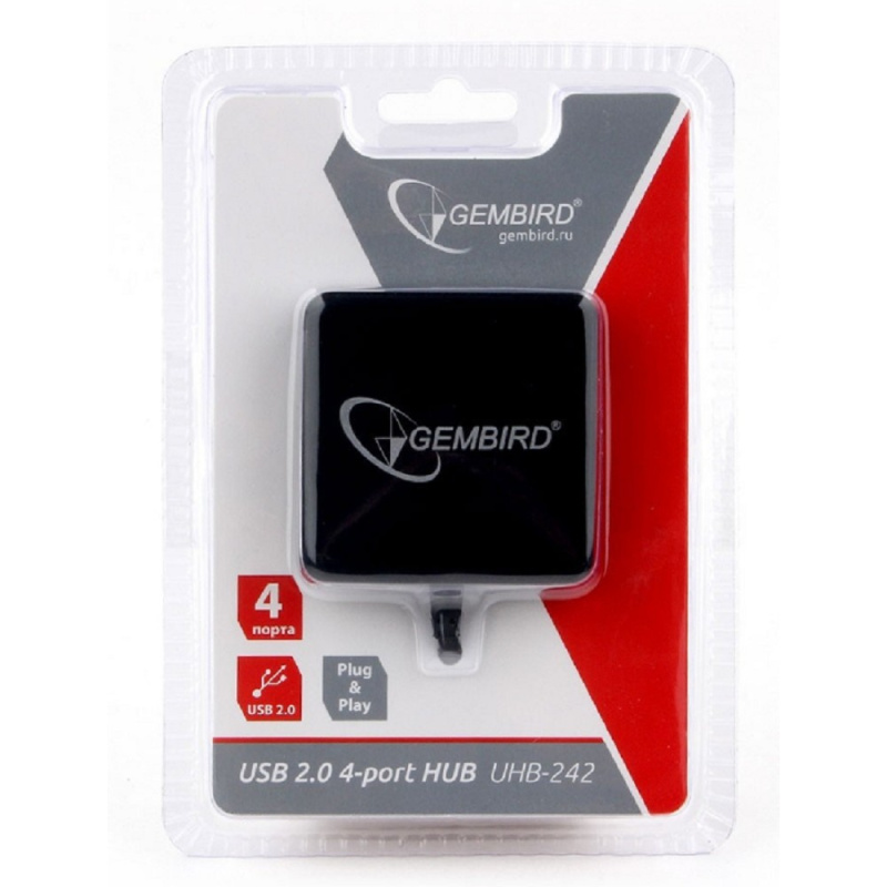 Фото  Gembird Разветвитель USB3.1 4xUSB, с доп.питанием (порт Type-C), кабель Type-C 19см, черный, коробка (UHB-C424)
