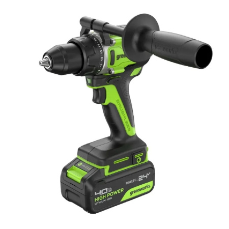 Фото  Greenworks GD24DD90 Дрель-шуруповерт аккумуляторная,  24V, 90 Нм, бесщеточная, 45/90Нм,2х4Ач,ЗУ,кор [3707507CUD]