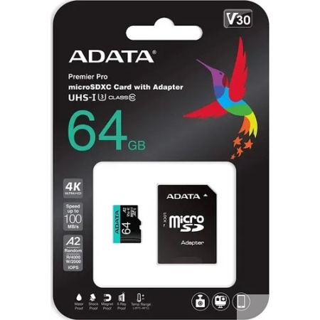 Micro SecureDigital 64GB Class10 A-Data AUSDX64GUI3V30SA2-RA1 Premier Pro + adapter
