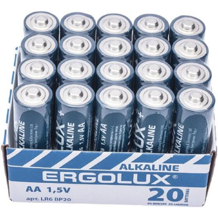 Фото  Ergolux Alkaline LR6 BP-20 (ПРОМО, LR6 BP20PR, пальчиковая батарейка 1.5В) (20 шт. в уп-ке)