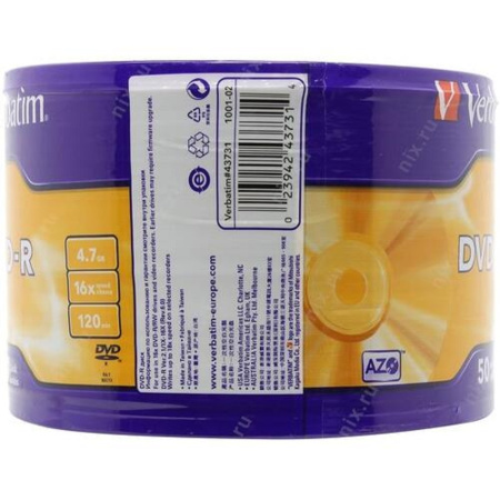 Фото  Verbatim  Диски DVD-R  4.7Gb 16-х, 50шт. Shrink (43731)