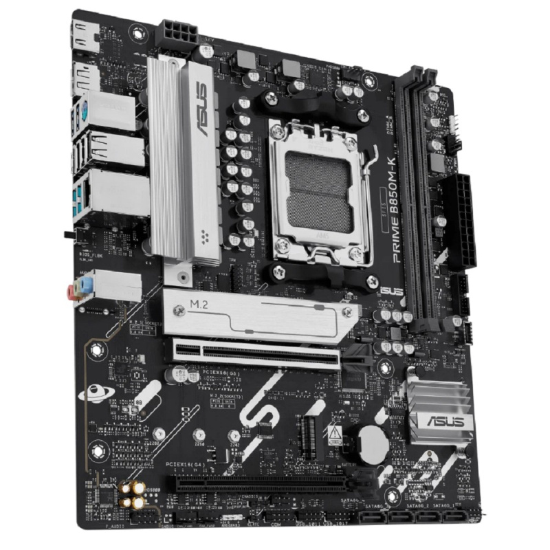Фото  ASUS PRIME B850M-K (Socket AM5, mATX, 2xDDR5(128GB), DP/HDMI, 1xPCIe 5.0x16/1xPCIe 4.0x16, 1xLAN (2.5GbE), 4xSATA 6Gb/s, 2xM.2, 1xType-C, 4xUSB 3.2, 4