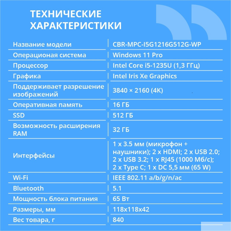 Фото  CBR MiniPC-DT002 (Intel i5-1235U /16Gb  DDR4/512Gb SSD PCIe / W11Pro / 2 х USB 2.0, 2 х HDMI, 2 х USB 3.2, USB-C 3.0, USB-C 2.0, 3.5mm Combo Jack, RJ-
