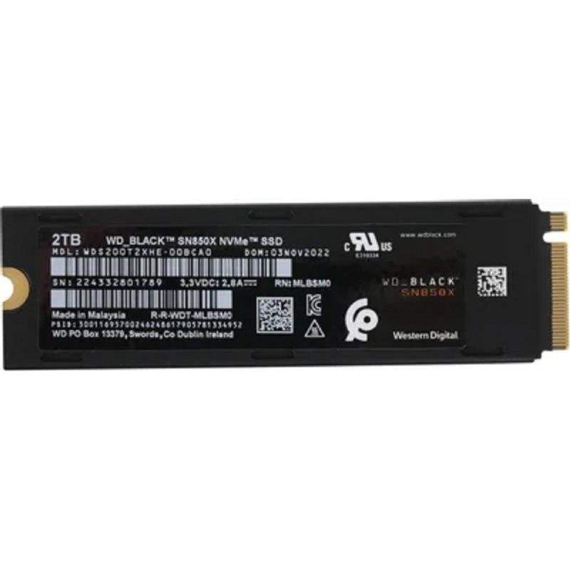 Фото  Твердотельный накопитель/ WD SSD Black SN850X, 2.0TB, M.2(22x80mm), NVMe, PCIe 4.0 x4, 3D TLC, R/W 7300/6600MB/s, IOPs 1 200 000/1 100 000, TBW 1200, 