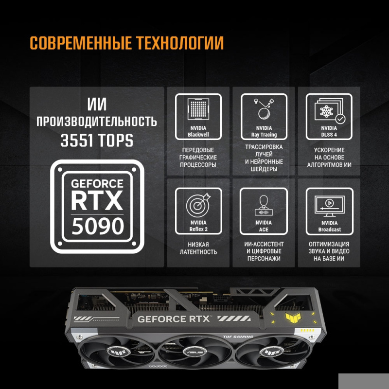 Фото  Видеокарта ASUS GeForce RTX5090 32Gb DDR7 512 bit 3*DP/2*HDMI 3FAN (TUF-RTX5090-O32G-GAMING) RTL