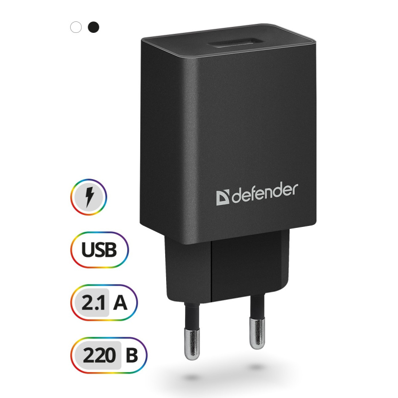 Фото  Defender Сетевой адаптер 1xUSB, 5V/2.1А, пакет, черный (EPA-10) (83572)		