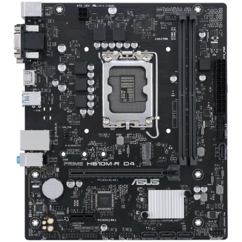Фото  ASUS PRIME H610M-R D4-SI (Socket 1700, mATX, 2xDDR4(64GB), VGA/DVI-D/HDMI 2.1, 1xPCIe 4.0x16/1xPCIe 3.0, 1xLAN, 4xSATA 6Gb/s, 1xM.2, 2xUSB 3.2, 2xUSB 