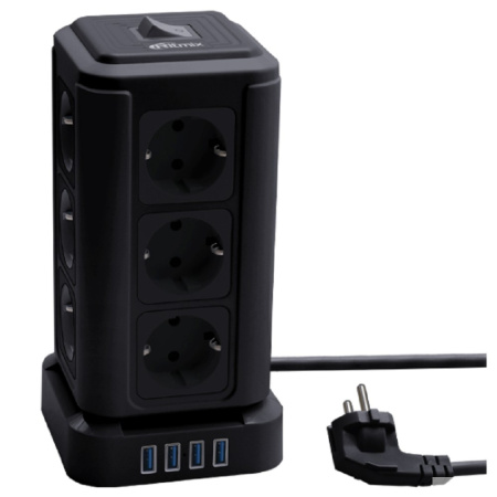 RITMIX RM-2124 Black Сетевой фильтр с кнопкой питания {16А 12 розеток  4 выхода USB Type А 5 В  3 1 