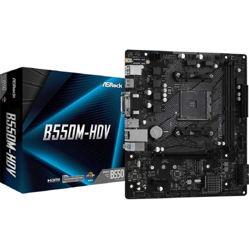 Фото  Asrock B550M-HDV {Soc-AM4 AMD B550 2xDDR4 mATX AC`97 8ch(7.1) GbLAN RAID+VGA+DVI+HDMI}