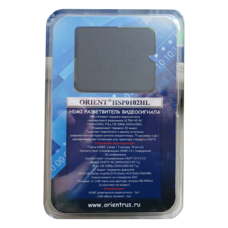 Фото  ORIENT HDMI 4K Splitter HSP0102HL, 1->2, HDMI 1.4/3D, UHDTV 4K(3840x2160)/HDTV1080p/1080i/720p, HDCP1.2, питание от USB, пластик.корпус (30103)