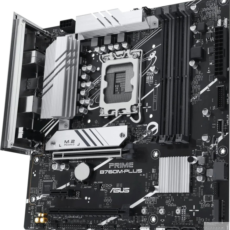 Фото  ASUS PRIME B760M-PLUS (Socket 1700, mATX, 4xDDR5(192GB), DP/HDMI 2.1, 2xPCIe 4.0x16/1xPCIe 4.0, 1xLAN (2.5GbE), 4xSATA 6Gb/s, 2xM.2, 2xUSB 3.2, 4xUSB 