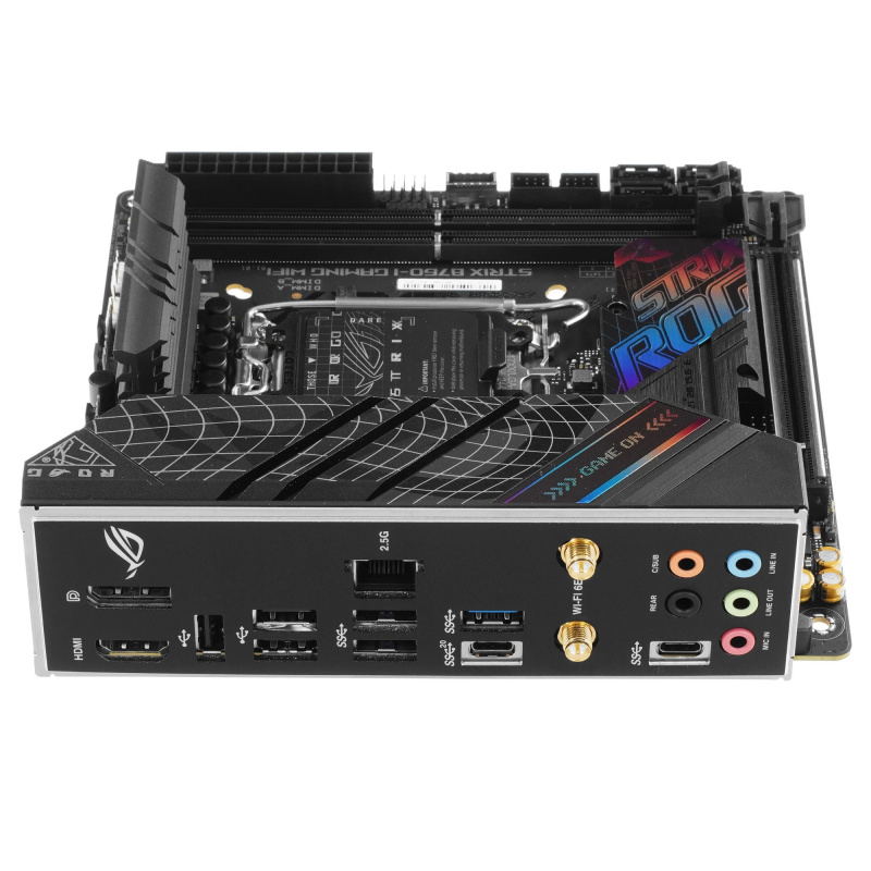 Фото  ASUS ROG STRIX B760-I GAMING WIFI  (Socket 1700, mini ITX, 2xDDR5(96GB), DP/HDMI, 1xPCIe 5.0x16, 1xLAN (2.5GbE), Wi-Fi, 4xSATA 6Gb/s, 2xM.2, 2xType-C,