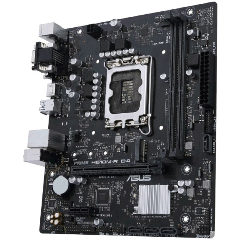 Фото  ASUS PRIME H610M-R D4-SI (Socket 1700, mATX, 2xDDR4(64GB), VGA/DVI-D/HDMI 2.1, 1xPCIe 4.0x16/1xPCIe 3.0, 1xLAN, 4xSATA 6Gb/s, 1xM.2, 2xUSB 3.2, 2xUSB 
