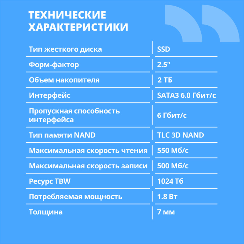 Фото  CBR SSD-002TB-2.5-BS24b, Внутренний SSD-накопитель, серия "Base", 2TB, 2048 GB, 2.5", SATA III 6 Gbit/s, 3D TLC NAND, R/W speed up to 550/500 MB/s, TB