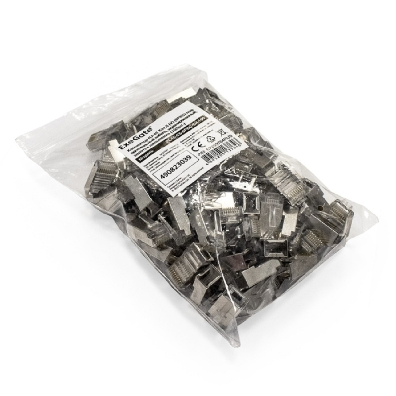 Фото  Exegate EX293764RUS Коннектор ExeGate PL45-C5-8P8C-SH-100 RJ-45 Кат.5e (8P8C) под одножильный кабель, экранированный, золотое напыление (100 шт)