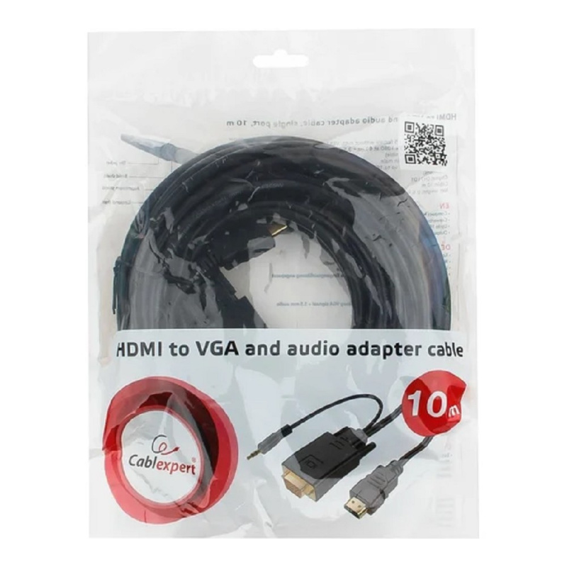 Фото  Кабель HDMI->VGA Cablexpert A-HDMI-VGA-03-10M, 19M/15M + 3.5Jack, медь, позол.разъемы, 10м, черный, пакет