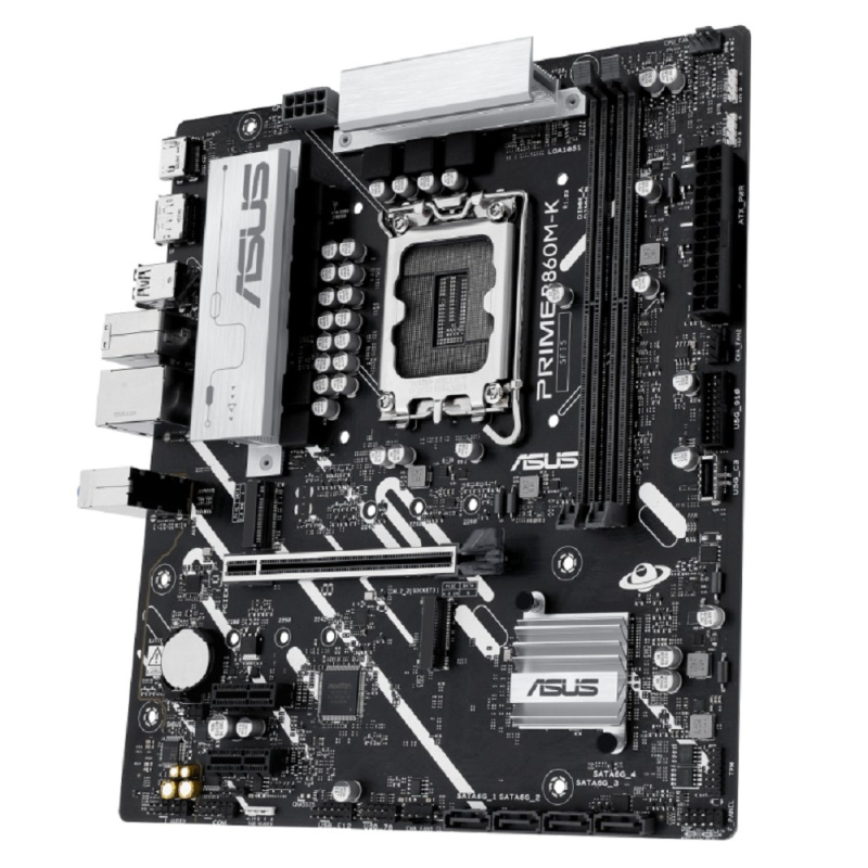 Фото  ASUS PRIME B860M-K (Socket 1851, mATX, 2xDDR5(128GB), DP/HDMI, 1xPCIe 4.0x16/2xPCIe 4.0x1, 1xLAN (2.5GbE), 4xSATA 6Gb/s, 2xM.2, 3xUSB 3.2, 3xUSB 2.0)