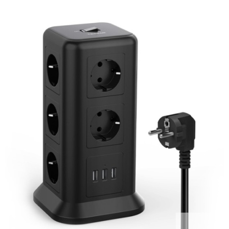 TESSAN TPS01-DE Black Сетевой фильтр с 11 розетками 220В и 3 USB портами и кнопкой питания {80001849