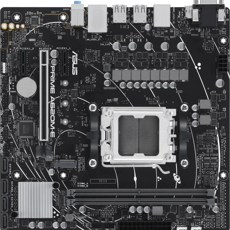 Фото  ASUS PRIME A620M-E-CSM (Socket AM5, mATX, 2xDDR5(96GB), VGA/DP/HDMI, 1xPCIe 4.0x16/2xPCIe 4.0x1, 1xLAN, 4xSATA 6Gb/s, 1xM.2, 2xUSB 3.2, 4xUSB 2.0, 1xP