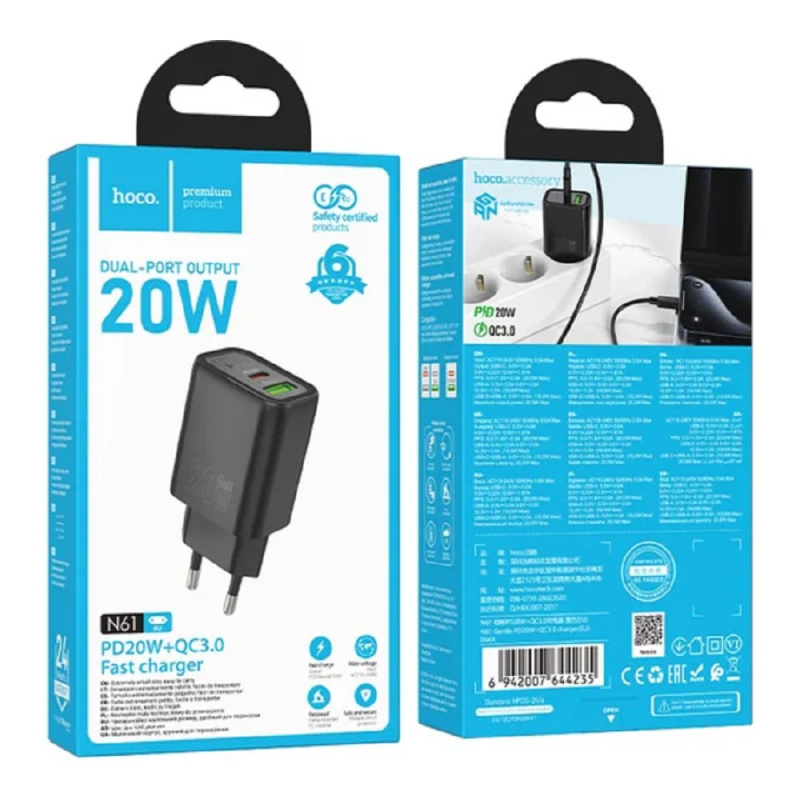 Фото  HOCO Зарядное устройство Hoco 20Вт, 3А, QC3.0/PD, 1xUSB, 1xType-C, N61, черный, коробка