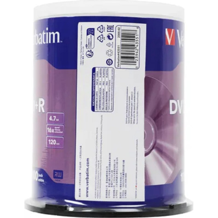Фото  Verbatim  Диски DVD+R  4.7Gb 16-х, 100шт, Cake Box (43551)