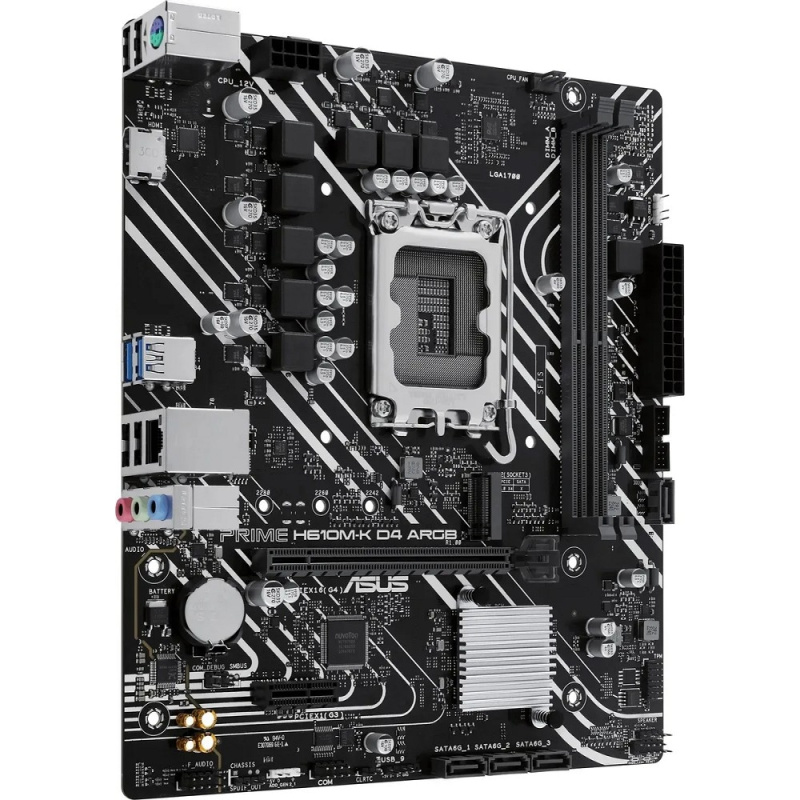 Фото  ASUS PRIME H610M-K D4 ARGB (Socket 1700, mATX, 2xDDR4(64GB), HDMI 2.1, 1xPCIe 4.0x16/1xPCIe 3.0/1xLAN, 4xSATA 6Gb/s, 1xM.2, 2xUSB 3.2, 4xUSB 2.0, 1xPS