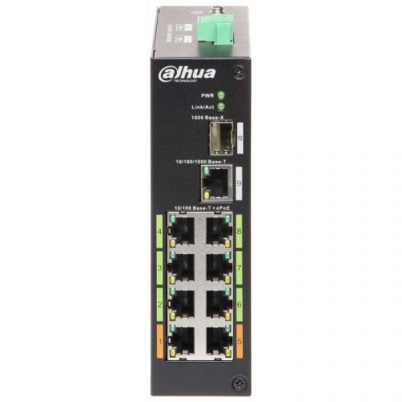 Фото  DAHUA DH-LR2110-8ET-120 8-портовый неуправляемый коммутатор с ePoE, уличное исполнение, 8xRJ45 1Gb ePoE, 1xRJ45 1Gb + 1xSFP 1Gb uplink, суммарно 120Вт