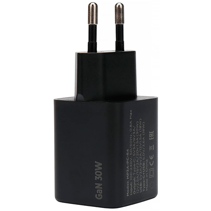 Фото  Cablexpert зарядное устройство 30Вт GaN, 3А, QC4.0/PD, 1xUSB, 1xType-C, черный, пакет (MP3A-PC-64)