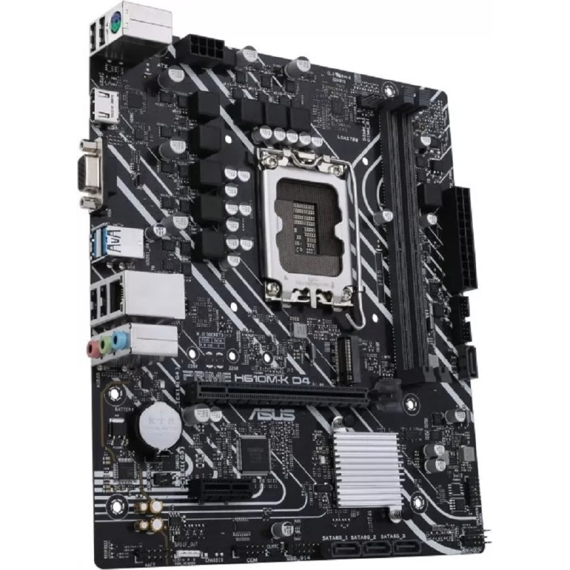 Фото  ASUS PRIME H610M-K D4 (Socket 1700, mATX, 2xDDR4(64GB), VGA/HDMI 2.1, 1xPCIe 4.0x16/1xPCIe 3.0/1xLAN, 4xSATA 6Gb/s, 1xM.2, 2xUSB 3.2, 4xUSB 2.0, 1xPS/